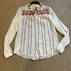 Anthropologie Floral Embroidered Button-Down Shirt